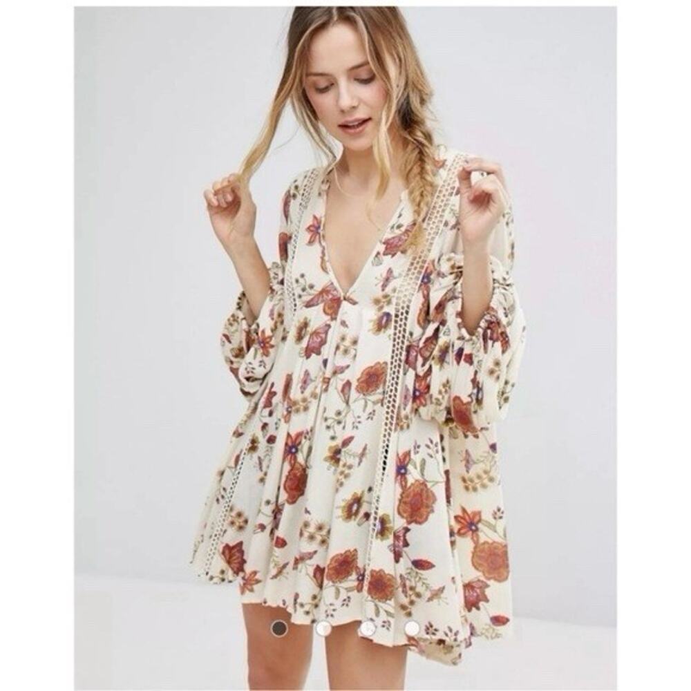 Free People Boho Just The Two Of Us Floral Printed Tunic Mini Dress Size M Ivory